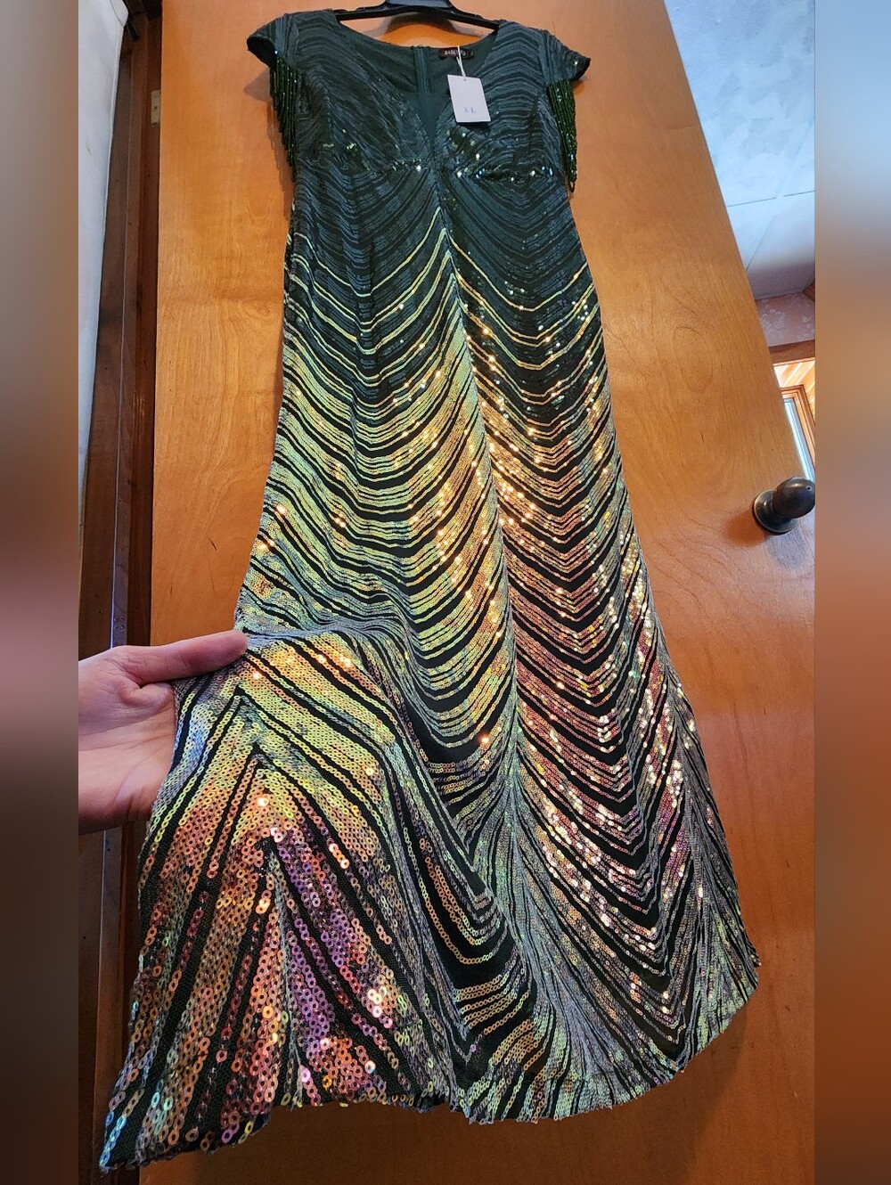 Babeyond Green Sequined Beaded Maxi Dress